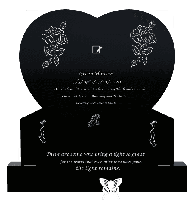 Heart Laser-Etched Black Granite Headstone – butterflies, flower and heart preview