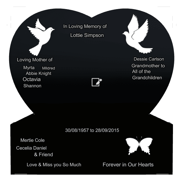 Heart Laser-Etched Black Granite Headstone – birds, butterflies and dove preview