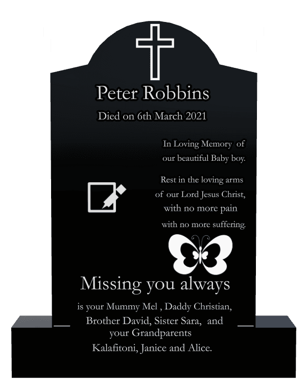 Curved Gable Laser-Etched Black Granite Headstone – No More Pain preview