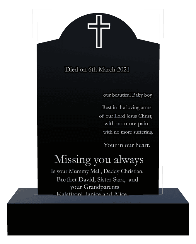 Curved Gable Laser-Etched Black Granite Headstone – No More Pain Headstone preview