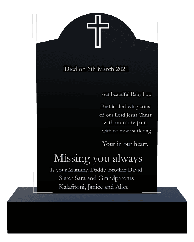 Curved Gable Laser-Etched Black Granite Headstone – No More Pain preview