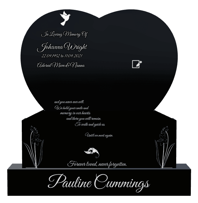 Heart Laser-Etched Black Granite Headstone – dove and flower preview