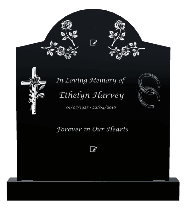 Curved Gable Laser-Etched Black Granite Headstone – Forever in Our Hearts Headstone preview