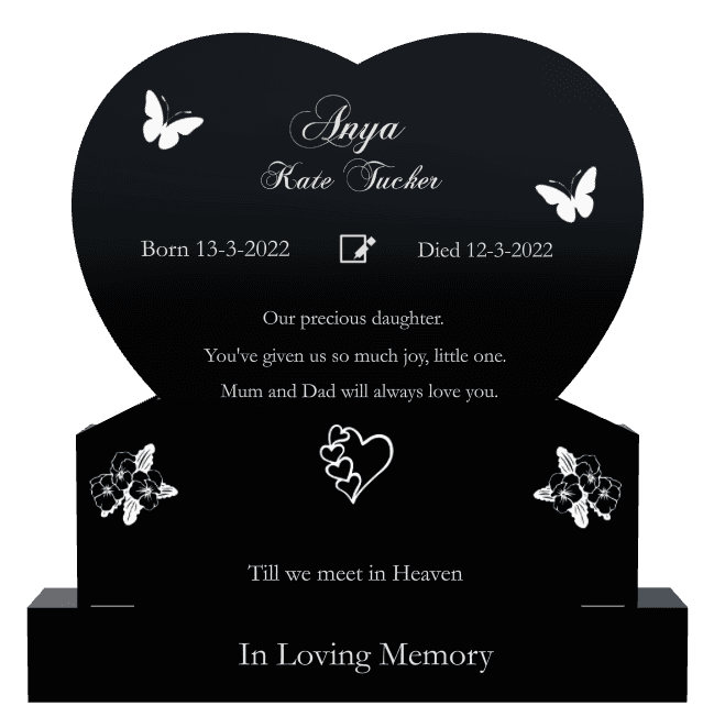 Heart Traditional Engraved Headstone – butterflies and flower preview
