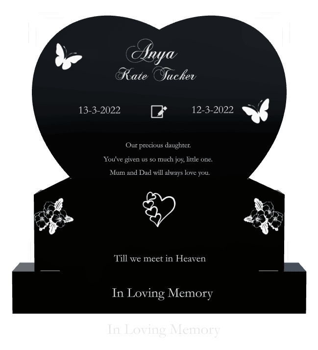 Heart Traditional Engraved Headstone – butterflies and flower preview