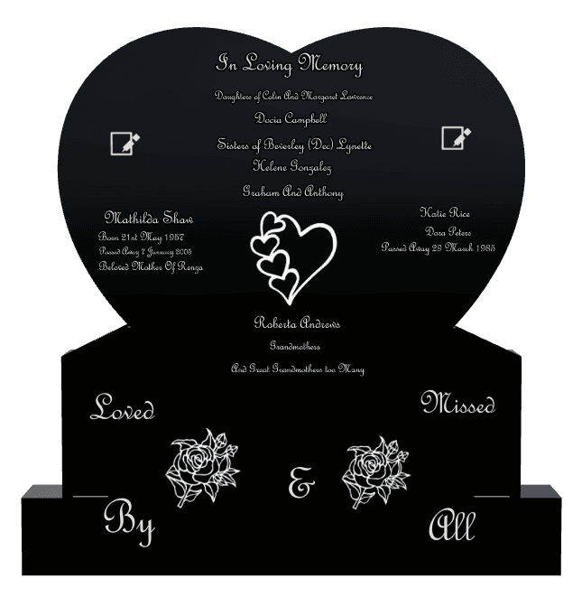 Heart Laser-Etched Black Granite Headstone – rose preview