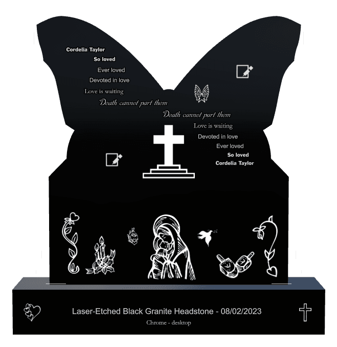 Laser-Etched Black Granite Headstone – Cross Dove preview