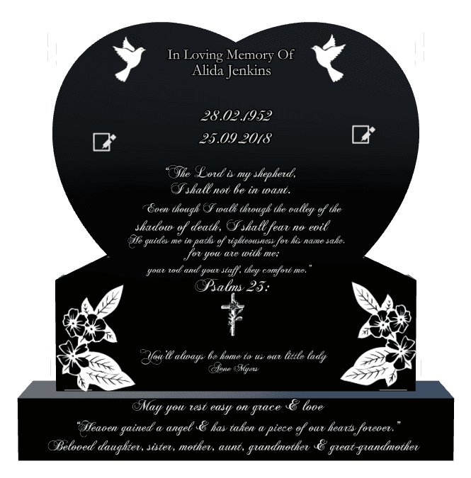 Heart Laser-Etched Black Granite Headstone – dove and flower preview