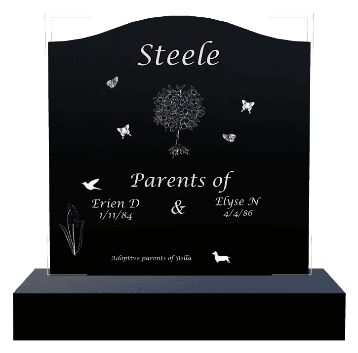 Serpentine Laser-Etched Black Granite Headstone – Bird Butterflies Headstone preview