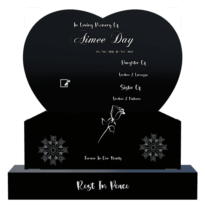 Heart Laser-Etched Black Granite Headstone – flower preview
