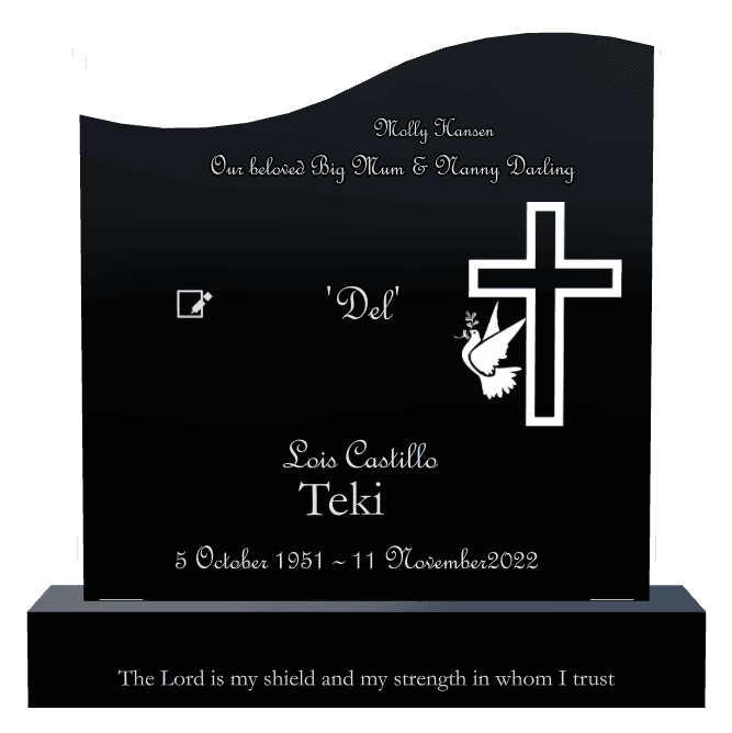 Right Wave Laser-Etched Black Granite Headstone – Cross Dove Headstone preview