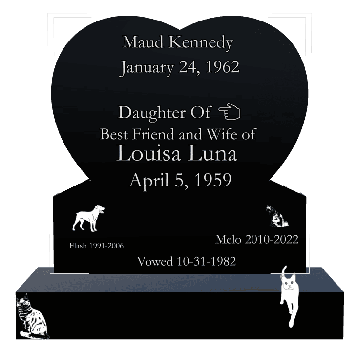 Heart Laser-Etched Black Granite Headstone – cat and dog preview