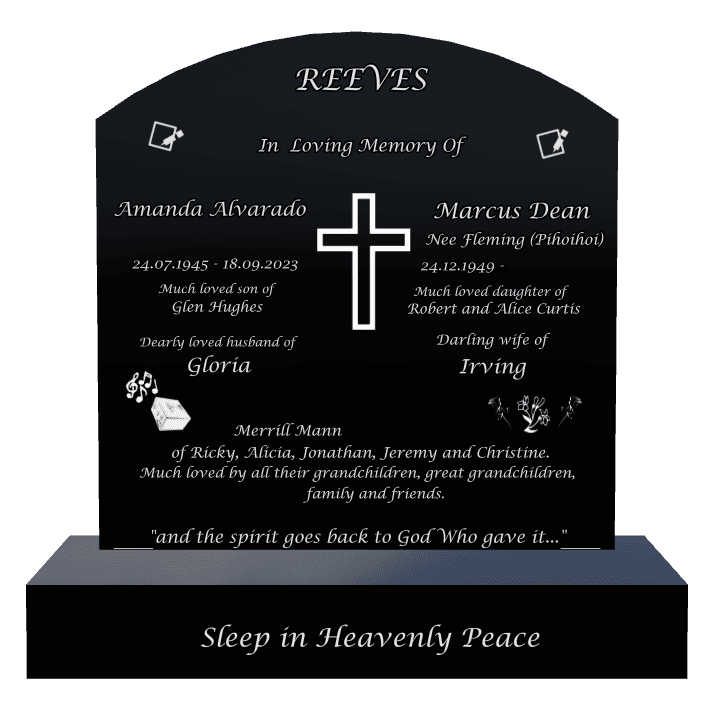 Curved Top Laser-Etched Black Granite Headstone – Sleep in Heavenly Peace preview