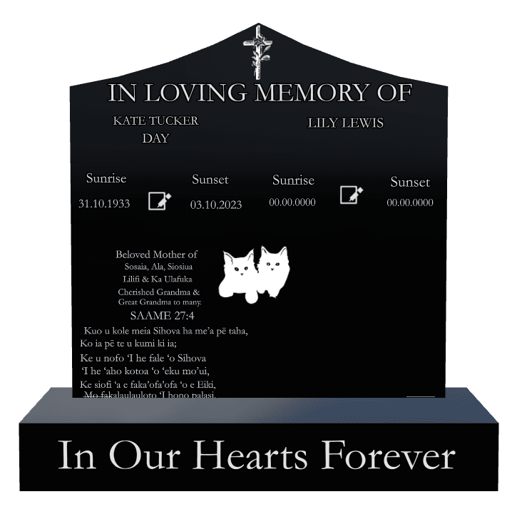 Curved Peak Laser-Etched Black Granite Headstone – In Our Hearts Forever Headstone preview
