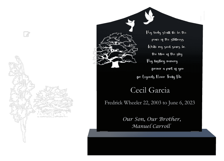 Curved Peak Laser-Etched Black Granite Headstone – Birds Dove preview