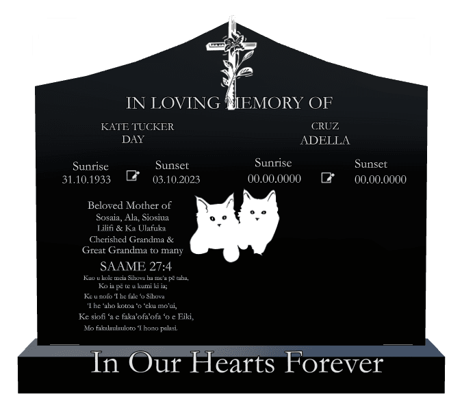 Curved Peak Laser-Etched Black Granite Headstone – In Our Hearts Forever preview