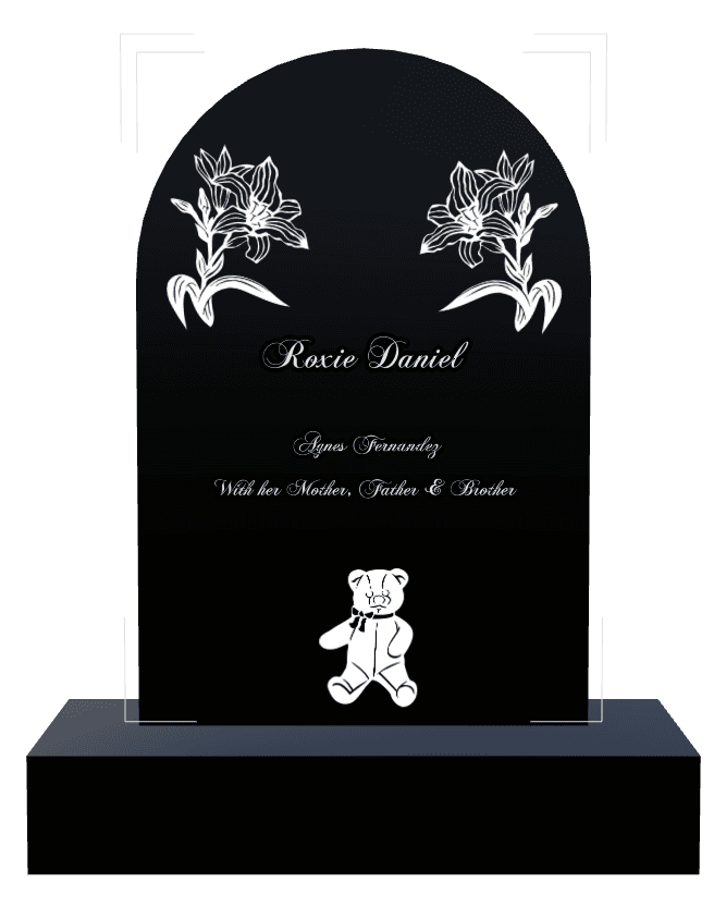 Half Round Laser-Etched Black Granite Headstone – Flower Teddy Bear preview