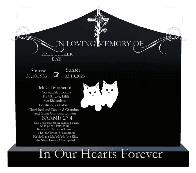 Curved Peak Laser-Etched Black Granite Headstone – In Our Hearts Forever preview