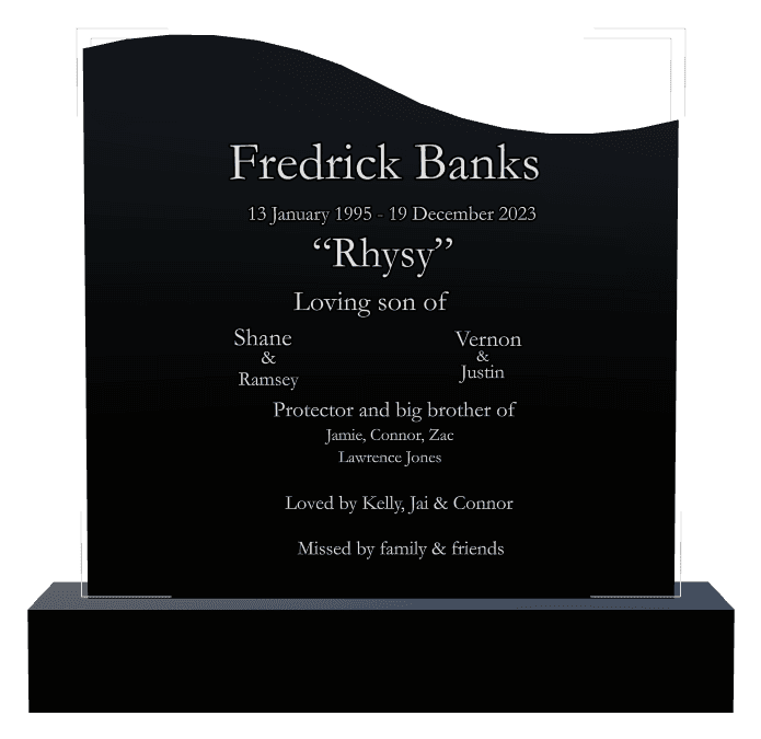 Left Wave Laser-Etched Black Granite Headstone – Son Headstone preview