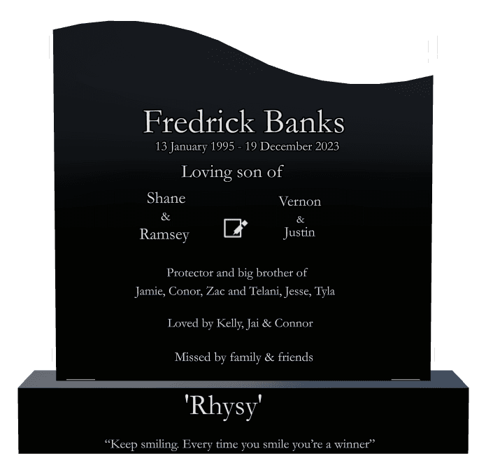 Left Wave Laser-Etched Black Granite Headstone – Son preview