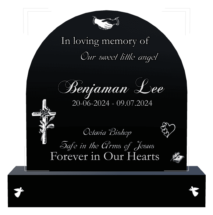 Half Round Laser-Etched Black Granite Headstone – Safe in The Arms of Jesus preview