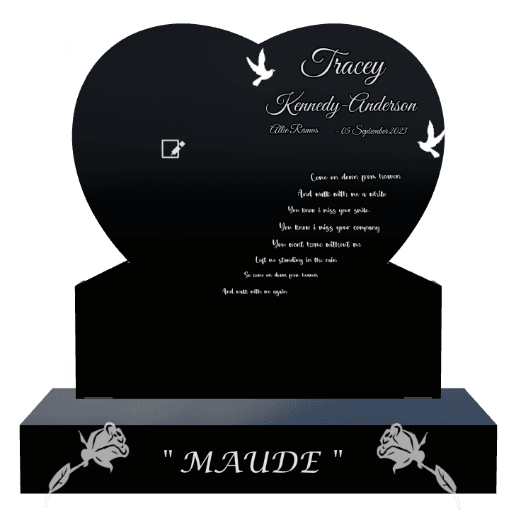 Heart Laser-Etched Black Granite Headstone – dove preview