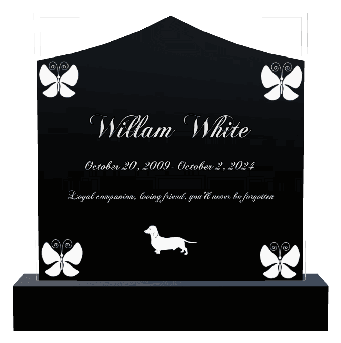 Curved Peak Laser-Etched Black Granite Headstone – Butterflies Dog preview