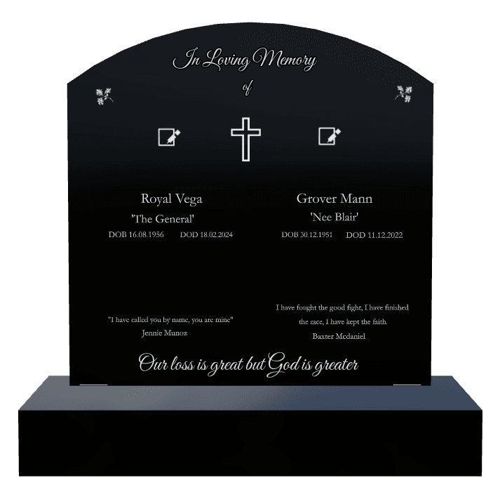 Curved Top Laser-Etched Black Granite Headstone – Fought The Good Fight preview