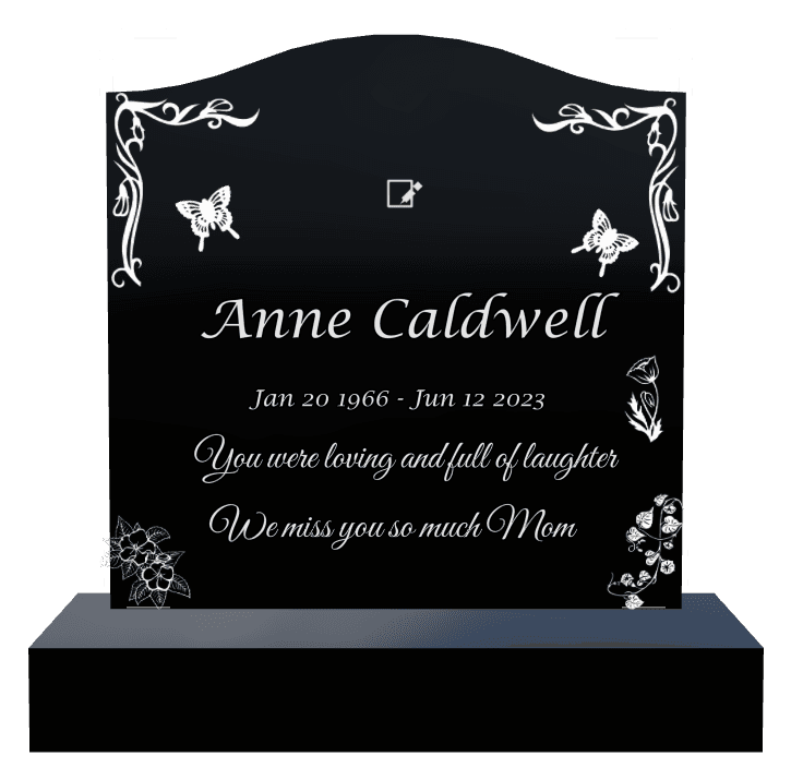 Serpentine Laser-Etched Black Granite Headstone – Butterflies Flower preview