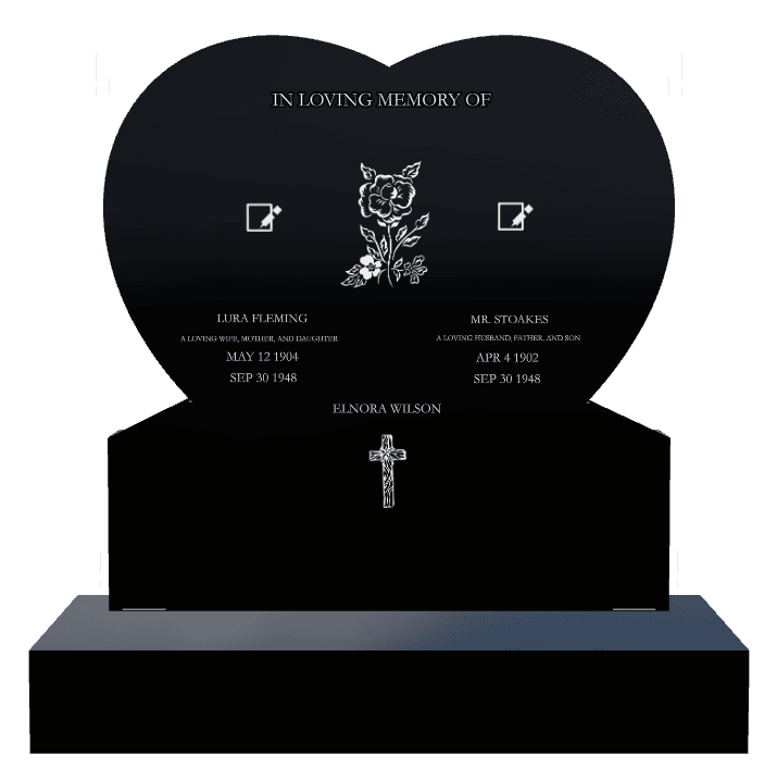 Heart Laser-Etched Black Granite Headstone – flower preview