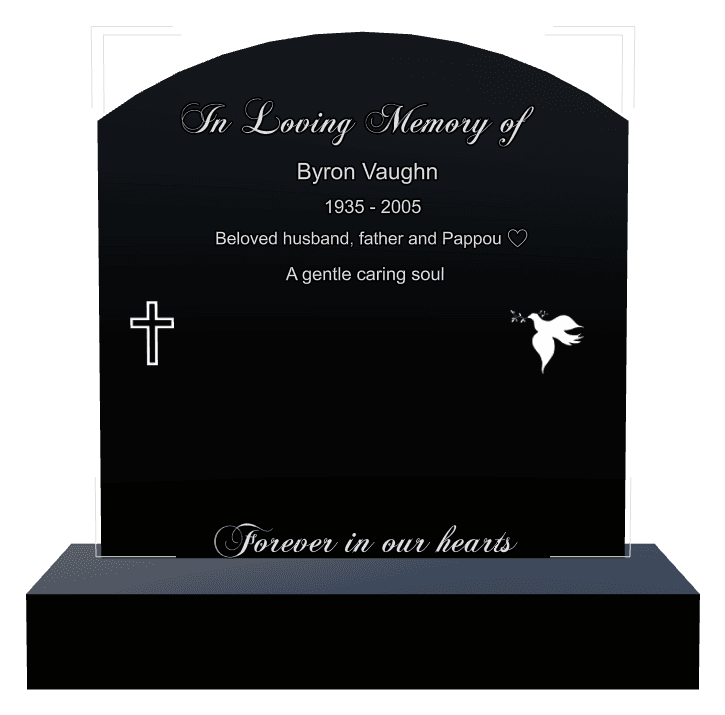 Curved Top Laser-Etched Black Granite Headstone – Forever in Our Hearts preview