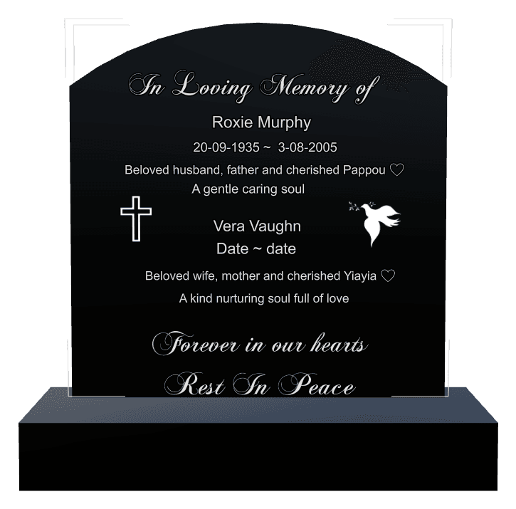 Curved Top Laser-Etched Black Granite Headstone – Forever in Our Hearts preview