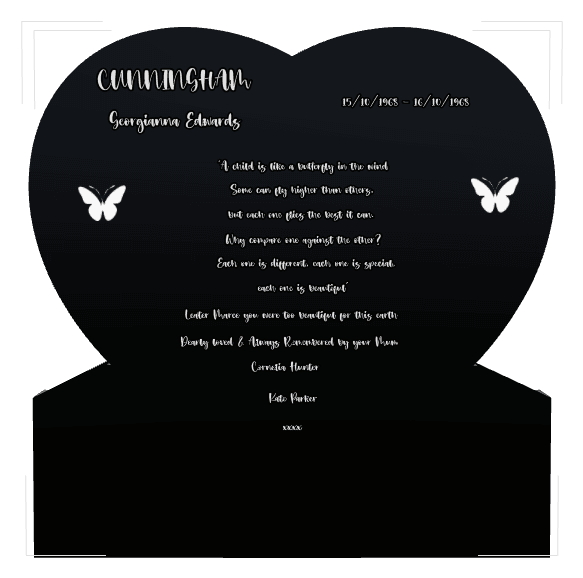 Heart Laser-Etched Black Granite Headstone – butterflies preview