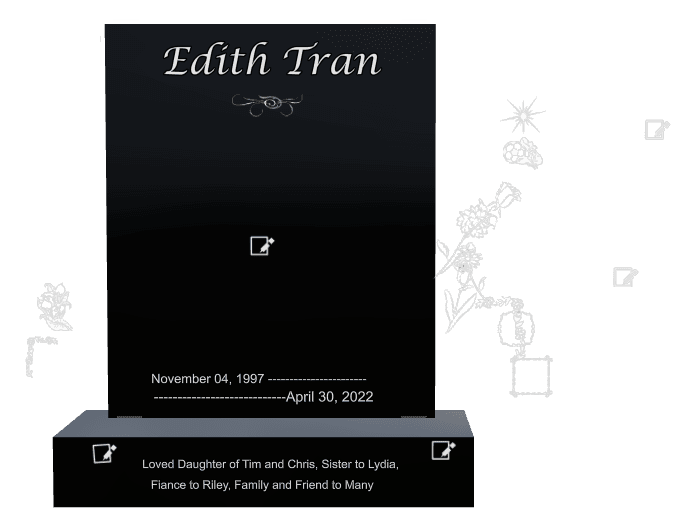Square Laser-Etched Black Granite Headstone – Flower Heart preview