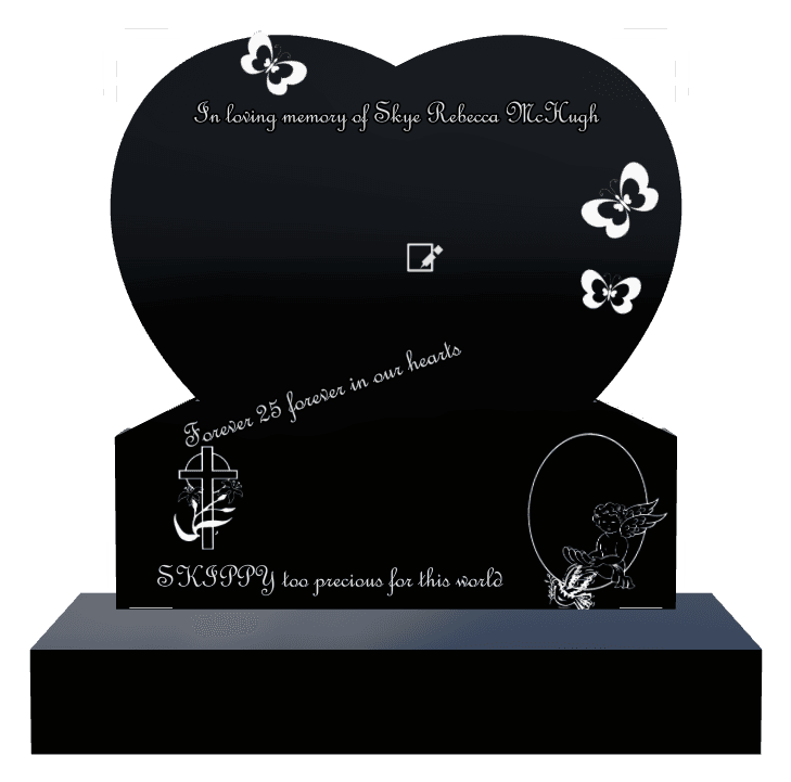 Heart Laser-Etched Black Granite Headstone – butterflies preview