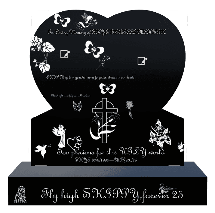 Heart Laser-Etched Black Granite Headstone – angel, butterflies and dove preview