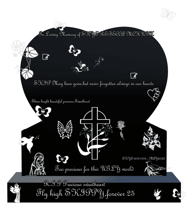 Heart Laser-Etched Black Granite Headstone – angel, butterflies and dove preview