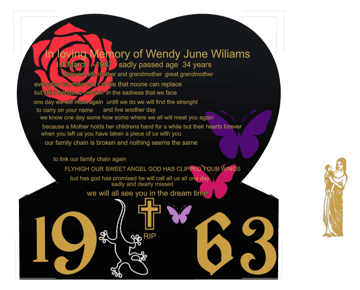 Heart Traditional Engraved Headstone – butterflies, cross and flower preview