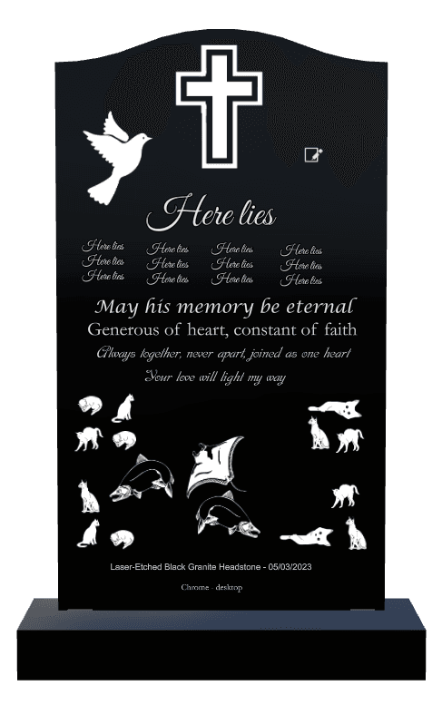 Serpentine Laser-Etched Black Granite Headstone – Cat Cross Headstone preview