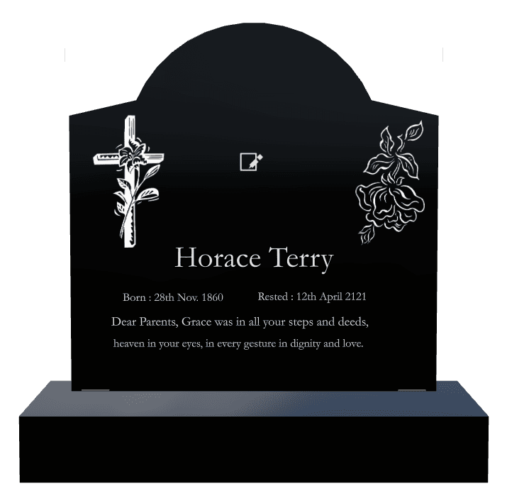 Curved Gable Laser-Etched Black Granite Headstone – Flower preview