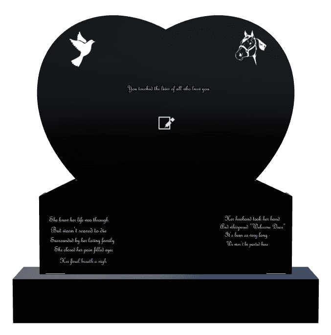Heart Laser-Etched Black Granite Headstone – dove and horse preview