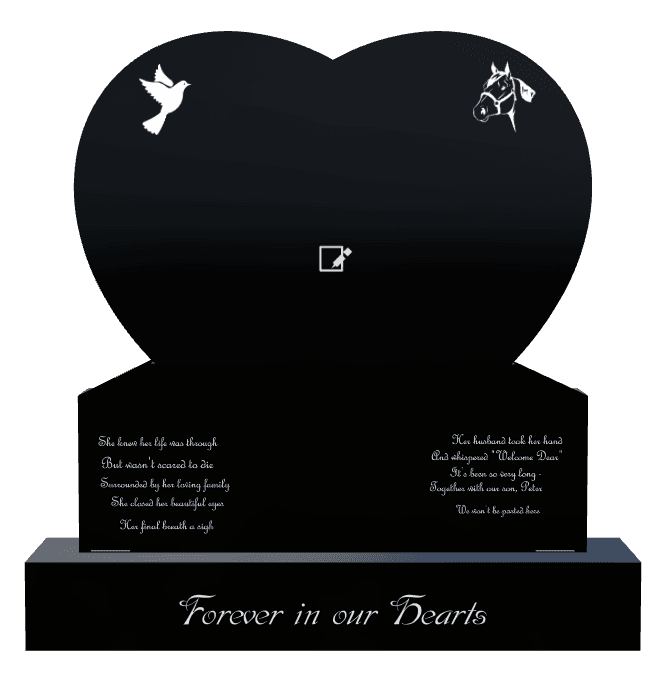 Heart Laser-Etched Black Granite Headstone – dove and horse preview