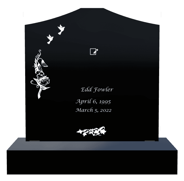 Cropped Peak Laser-Etched Black Granite Headstone – Dove Flower Headstone preview