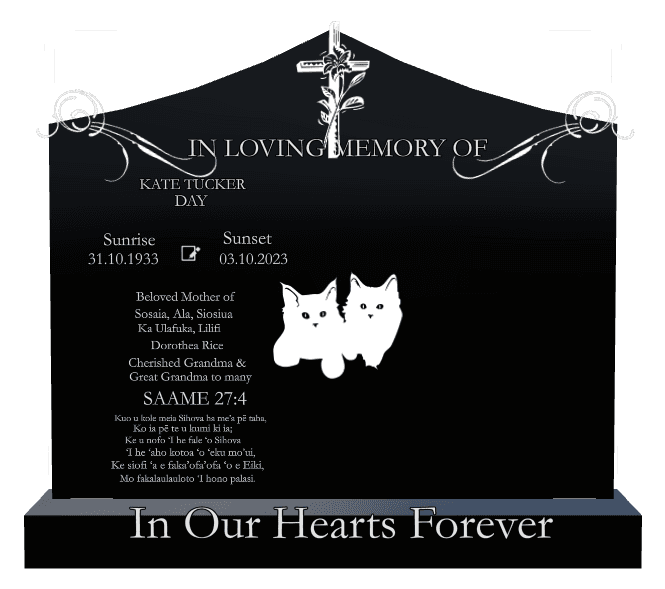 Curved Peak Laser-Etched Black Granite Headstone – In Our Hearts Forever preview