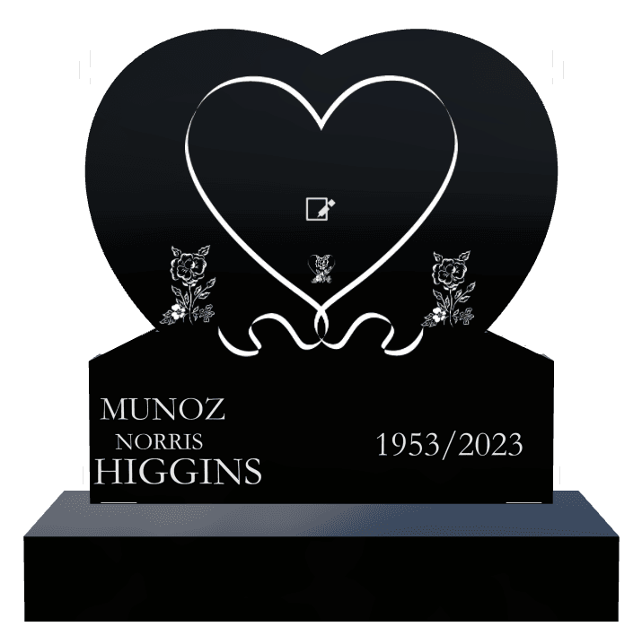 Heart Laser-Etched Black Granite Headstone – flower and heart preview