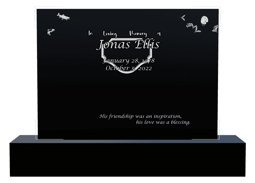 Square Laser-Etched Black Granite Headstone – Bird Fish preview