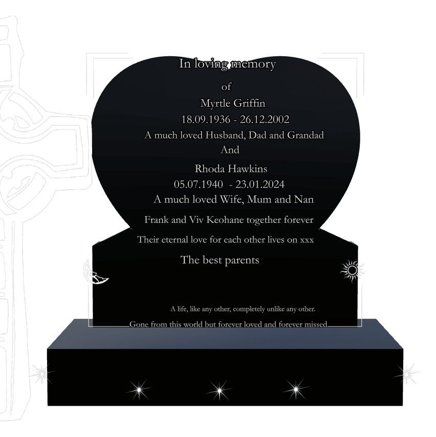 Heart Laser-Etched Black Granite Headstone – sun preview