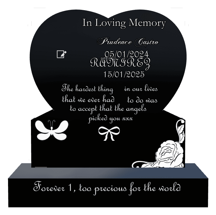 Heart Laser-Etched Black Granite Headstone – butterflies and flower preview
