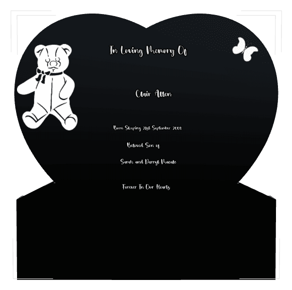 Heart Laser-Etched Black Granite Headstone – butterflies and teddy-bear preview