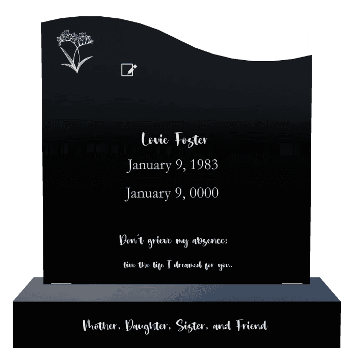 Left Wave Laser-Etched Black Granite Headstone – Flower Headstone preview